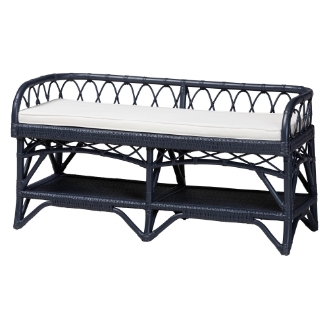 bali & pari Leryn Natural Rattan Bench with Shelf, Navy Blue