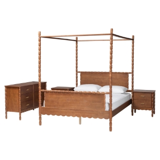 Baxton Studio Danette Bobbin Wood 4-Piece Canopy Bedroom Set, Queen