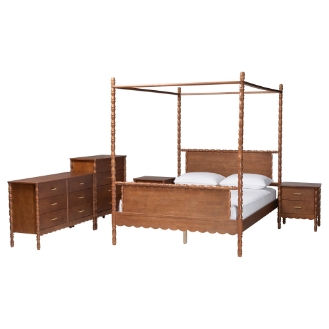 Baxton Studio Danette Bobbin Wood 5-Piece Canopy Bedroom Set, Queen