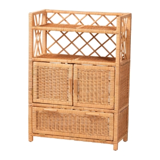 bali & pari Hendrina Natural Rattan and Mahogany Wood Shoe Cabinet, 4-Tier