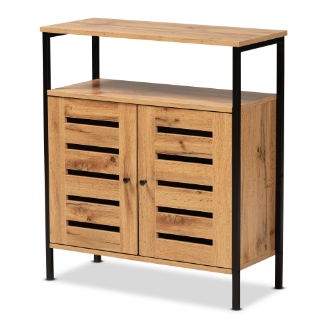 Baxton Studio Vander Modern and Contemporary Oak Brown Finished Wood and Black Metal 2-Door Shoe Cabinet