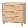 Baxton Studio Sebille Mid-Century Modern Light Brown Finished Wood 3-Drawer Storage Cabinet with Natural Rattan Baxton Studio restaurant furniture, hotel furniture, commercial furniture, wholesale living room furniture, wholesale storage, classic storage