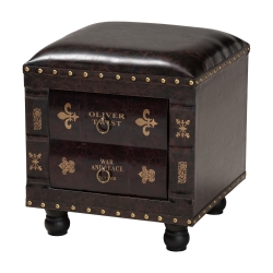 Baxton Studio Charlier Rustic Antique Inspired Dark Brown Faux Leather Upholstered Wood Storage Ottoman with Book Spine Drawer Baxton Studio restaurant furniture, hotel furniture, commercial furniture, wholesale living room furniture, wholesale ottoman, classic ottoman