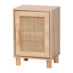 Baxton Studio Maclean Mid-Century Modern Rattan and Natural Brown Finished Wood 1-Door End Table Baxton Studio restaurant furniture, hotel furniture, commercial furniture, wholesale living room furniture, wholesale end table, classic end table