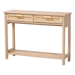 Baxton Studio Sebille Mid-Century Modern Light Brown Finished Wood 2-Drawer Console Table with Natural Rattan Baxton Studio restaurant furniture, hotel furniture, commercial furniture, wholesale living room furniture, wholesale console table, classic console table