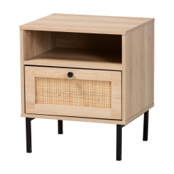Baxton Studio Caterina Mid-Century Modern Transitional Natural Brown Finished Wood and Natural Rattan 1-Door End Table Baxton Studio restaurant furniture, hotel furniture, commercial furniture, wholesale living room furniture, wholesale end table, classic end table