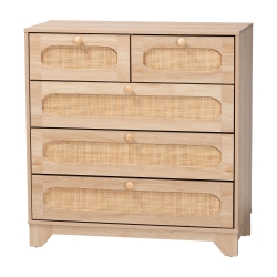 Baxton Studio Elsbeth Mid-Century Modern Oak Brown Finished Wood and Natural Rattan 5-Drawer Storage Cabinet Baxton Studio Elsbeth Mid-Century Modern Oak Brown Finished Wood and Natural Rattan 5-Drawer Storage Cabinet