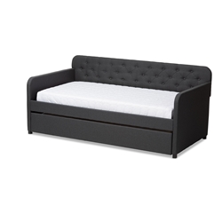 Baxton Studio Camelia Modern and Contemporary Charcoal Grey Fabric Upholstered Button-Tufted Twin Size Sofa Daybed with Roll-Out Trundle Guest Bed Baxton Studio restaurant furniture, hotel furniture, commercial furniture, wholesale bedroom furniture, wholesale twin, classic twin